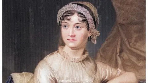 A painting of a woman with curly brown hair and grey eyes. She is sitting down with one arm resting on a table beside her. She is wearing a cream high-necked dress with a ruffled neck, and a pale pink headband.