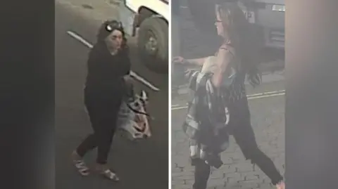 CCTV images show a woman with long dark hair, who is wearing white strappy sandals, a dark top and trousers, and has sunglasses on her head. She is carrying a bag. The second CCTV image shows a woman in a black and white striped strappy top with dark trousers and glasses. She is carrying  a black and white  jacket and a pale coloured bag under her arm.