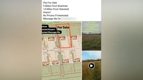 Facebook A screenshot of a Facebook post advertising land for sale. It shows a graphic of the plot, which has space for a caravan, and says it is near to Braintree and London Stansted Airport.