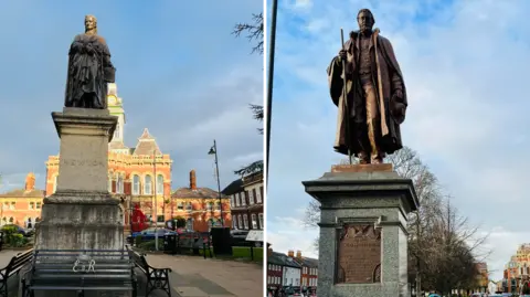 LDRS Composite image depicting the bronze statues of Sir Isaac Newton (left) and Frederick Tollemache. Both statues sit atop large ornate plinths, with the town's guildhall visible in the background.