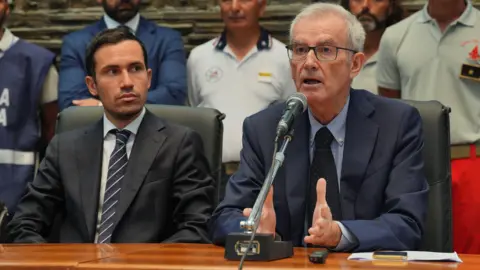 PA Media Chief prosecutor Ambrogio Cartosio speaking during a press conference at the Tribunale building in Termini Imerese, Sicily