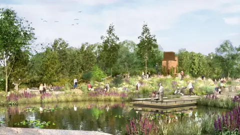 The Royal Parks An artist impression of a garden dedicated to Queen Elizabeth II. A large expanse of water is surrounded by a path and colourful flowers.