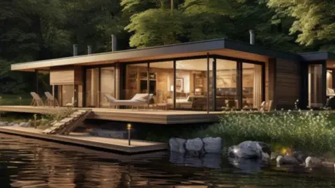 Modern lakeside lodge with floor-to-ceiling glass walls, a wooden deck and private dock, surrounded by dense forest and reflected in calm water at dusk.