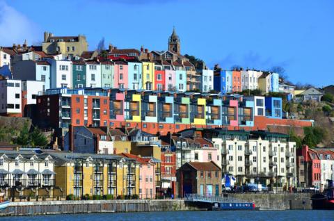 Colourful houses in Hotwells and Kingsdown in Bristol seen from the harbour