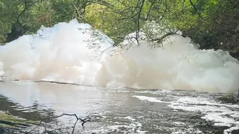 Craig Hannah Large white clumps of foam in a river.