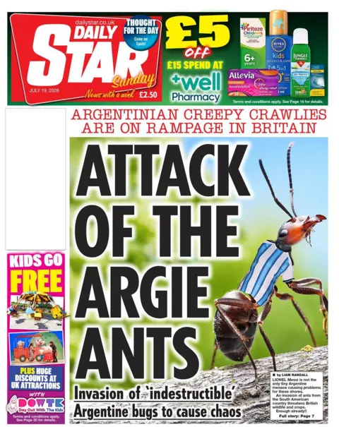 The headline on the front page of the Daily Star reads: 'Attack of the Argie ants.'