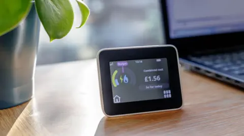 A stock image of a smart meter screen. It is a small box with a diagram of spending on the screen. A blue flame, indicating heating or gas usage can be seen on the left and a combined cost logo is on the right side. £1.56 so far today is showing currently. 