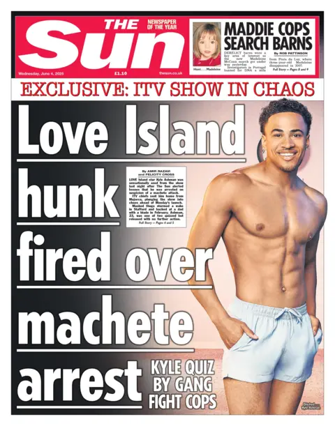 "Love Island hunk fired over machete arrest" reads the headline on the front page of The Sun.