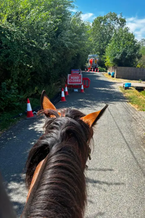 Adventure B4 Dementia A picture taken while on horseback. Showing the back of the horses head and the road in front. There are cones and a road closed sign ahead of them. 