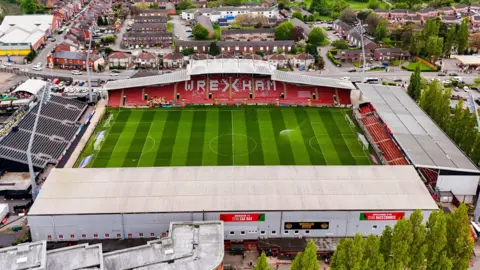 A general aerial view of the Racecourse football stadium in Wrexham.