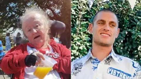 Devon and Cornwall Police The image shows two separate individuals in a side-by-side layout. On the left side the person is seated outdoors, wearing a red cardigan and holding a clear plastic jug with an orange drink. There are trees and people in the background. On the right side the person is standing in front of green foliage, wearing a light-coloured shirt with blue printed designs and text.