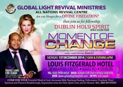 Facebook Promotional poster for a Christian revival event titled “Moment of Change”, featuring a man and woman in formal clothing and event details for a Holy Spirit encounter in Dublin.