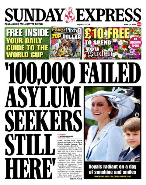 The headline on the front page of the Sunday Express reads: "'100,000 failed asylum seekers still here'."