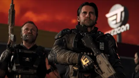 An in-game screenshot from Call of Duty: Black Ops 7, showing two men holding guns against a red skyline. 