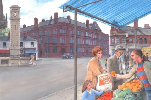 Peter David Scott/Goole Civic Society An illustration featuring the clock tower as it was in yesteryear, with outdoor market stalls and public toilets at its base.