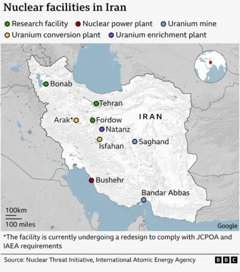 A map showing Iran's nuclear sites