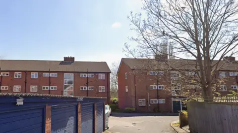 Flats behind blue garages