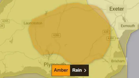 Met Office Graphic from Met Office showing an area covered by an amber weather warning for rain in Devon and Cornwall.