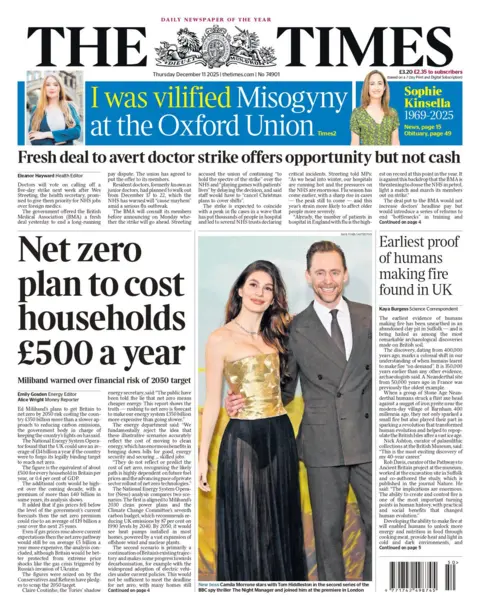 The headline on the front page of the Times reads: “Net zero plan to cost households £500 a year”.