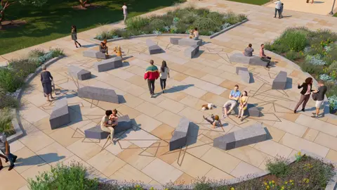 Hull City Council Artist impression of the circular seating area with people sat on the granite blocks on sand coloured paving surrounded by plants 