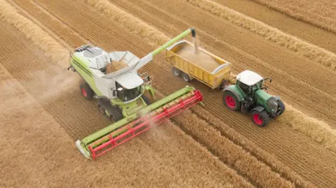 An overhead shot of a tractor and combine harvester in the middle of a wheat field.