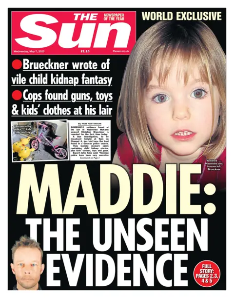 The headline on the front page of The Sun reads: "Maddie: the unseen evidence".