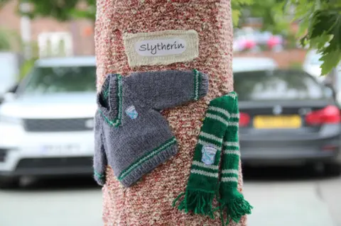 PA Media Knitted Slytherin outfit on a tree
