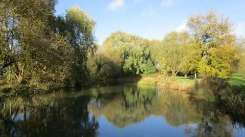 A lake surrounded by trees at Queen Elizabeth Park in Grantham. The trees are reflected onto the still water. 