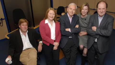 Presenters of the Today Programme on BBC Radio 4 celebrate the fiftieth anniversary of the programme. From left: Ed Stourton, Carolyn Quinn, John Humphrys, Sarah Montague, and Jim Naughtie. 26/10/2007.
