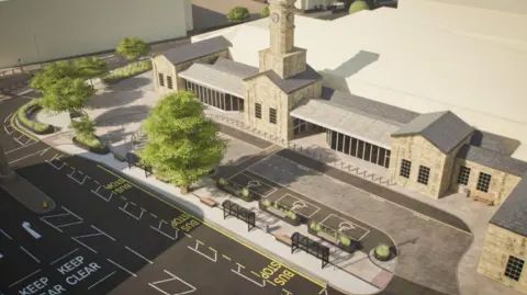 A computer-generated image of the new proposed station from an aerial view.