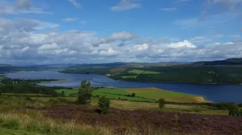 Struie in the Scottish Highlands. A picture of the green landscape with a blue sky and river.
