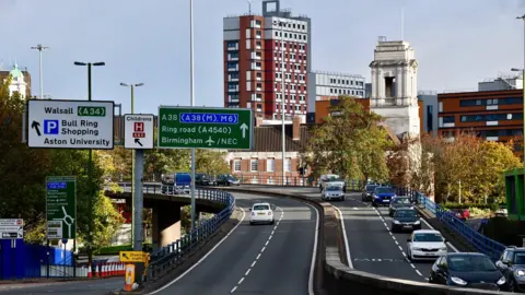General view of Birmingham roads with cars near the city centre