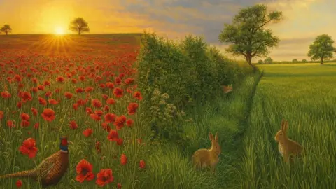 Ashby Town Council An AI generated image of a country scene involving a poppy field, hedge and farmer's field, with rabbits and fox visible