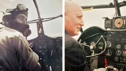 Family Handout A side by side composite image. On the left is a black and white picture of Ivor Taylor flying a bomber during the war, wearing a mask, ear muffs and goggles. On the right he is 94-years-old, wearing a black blazer and sitting in a bomber cockpit, looking to his right. 