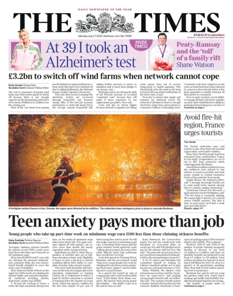 The headline on the front page of the Times reads: "Teen anxiety pays more than job". 