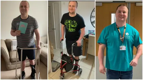 David White three pictures of david. One he is standing holding a zimmer frame. Another he is holding a frame withe wheels. A third picture shows him standing on his own in a hospital volunteer shirt 
