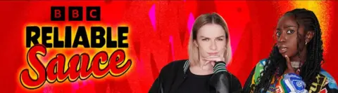 Image from "The BBC's reliable sauce" logo on an orange-red background, with the two presenters Kirsty and Jonelle on the right.