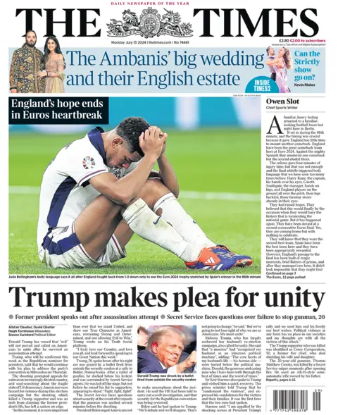 The headline in the Times reads: "Trump makes plea for unity".