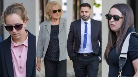 A composite image of four people. On the left is a woman with light hair, sunglasses and a pink top, and next to her is a woman with blonde hair, sunglasses and a grey jacket over a blue top. Next is a man with short hair and a beard, wearing a dark suit with a blue tie and next is a woman with dark hair and sunglasses, wearing a black top