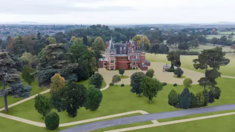 Greyfort Properties An artist's depiction showing an aerial view of a hotel building. It is surrounded by trees and open countryside. The main building has a number of turrets and conical towers.