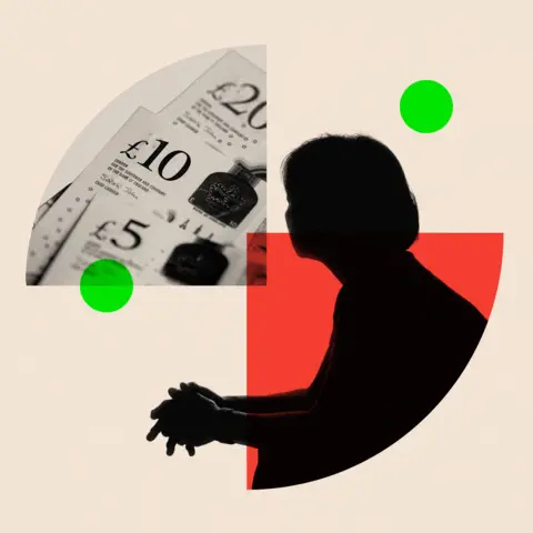 BBC A montage image showing some cash and in silhouette of woman sitting down with her hands together