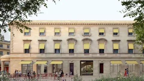 A concept image of the renovated building, as seen from the side. It is a large three story Georgian building showing yellow awnings on every window, and a public square with seating in the foreground.