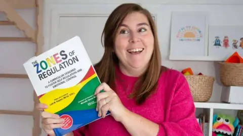 Super Kids Therapy Amy is standing in a room holding up a book titled the Zones of Regulation. She is smiling. She is wearing a pink jumper.