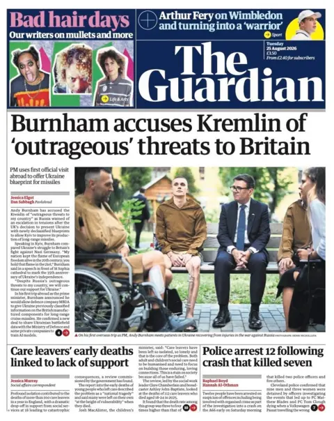 The headline on the front page of the Guardian reads: “Burnham accuses Kremlin of 'outrageous' threats to Britain".