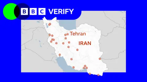 Map showing strikes across Iran inside blue BBC Verify frame 