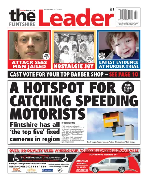 Flintshire Leader The front page of the Flintshire Leader with the splash headline: "A hotspot for catching speeding motorists". Below is an advert for a wheelchair accessible taxis. Above are three boxes with the headlines: "Attack sees man jailed"; "nostalgic joy"; and "Latest evidence at murder trial". 