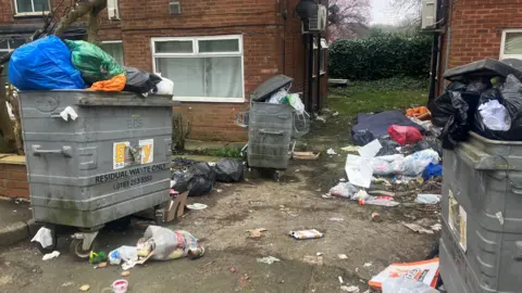 Photograph of overflowing waste bins outside a block of flats on Baguley Crescent. The image shows bin bags and litter on the ground.