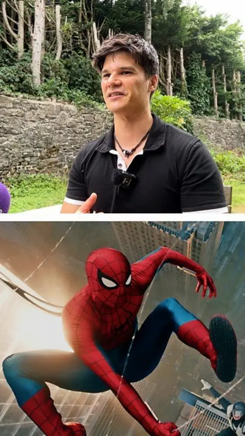 Split image, with the top image being a man with black hair and a black t-shirt with trees in the background. In the bottom image is Spider-Man, an action hero in a red and blue suit covered in webbing. He is flying through the streets of New York city, hanging onto webbing