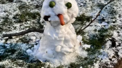 Andiebirch/BBC Weather Watchers Close up of a small snowman with a carrot nose