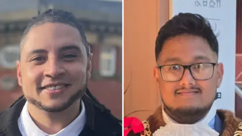Side-by-side portraits of Stephen Lewis Elms and Ehthesham Haque against blurred backgrounds. Elms is wearing a dark jacket, white shirt and tie. He is smiling. Haque is wearing glasses and a ceremonial robe with a white collar and a gold chain featuring a red ribbon. Both images are tightly cropped to the head and shoulder. 